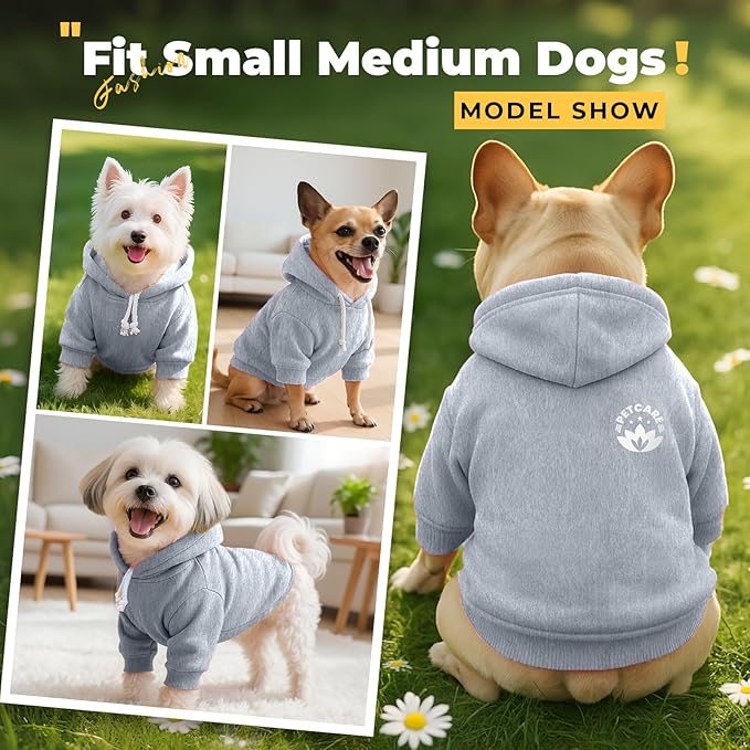 PETCARE Dog Hoodie Sweaters for Small Medium Dogs Cats Cute Soft Warm Fleece Puppy Sweaters Dog Clothes Hoodies Sweatshirt Reflective Fall Winter Chihuahua Yorkie French Bulldog Outfits, Grey