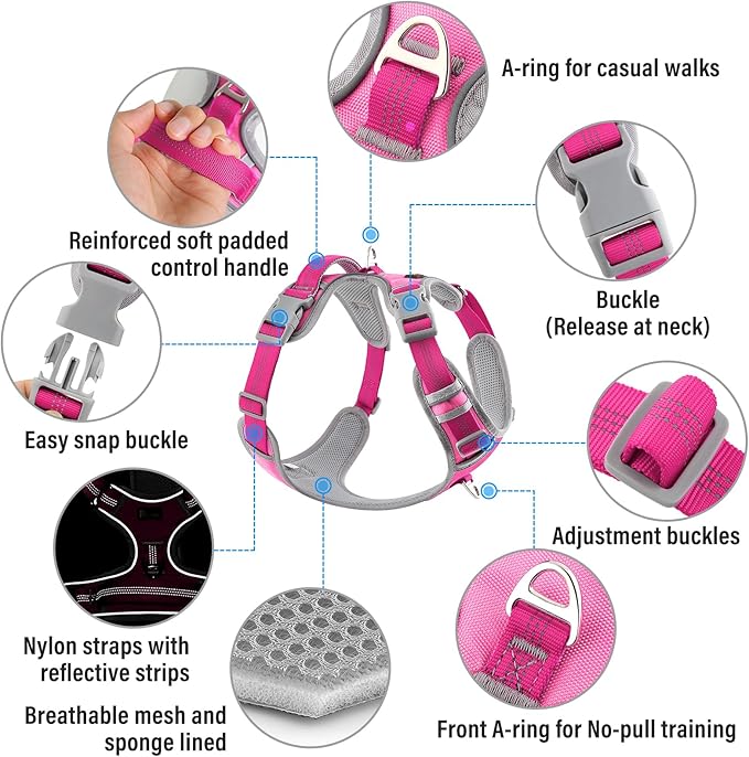 Plutus Pet No Pull Dog Harness, Release at Neck, Reflective Adjustable Dog Vest Harness, Easy Control Handle for Walking, for Small Medium Large Dogs, Hot Pink, S