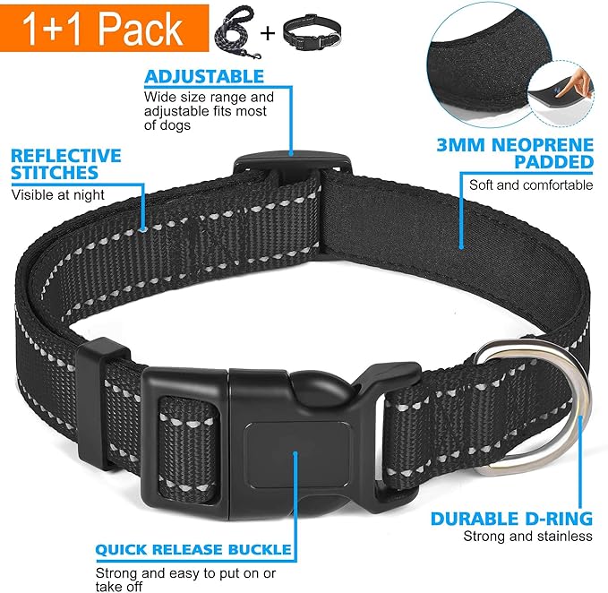 Reflective Dog Collar Padded with Soft Neoprene Breathable Adjustable Nylon Dog Collars for Small Medium Large Dogs (Large (Pack of 1), Black Collar+Leash)