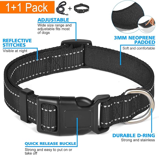 Reflective Dog Collar Padded with Soft Neoprene Breathable Adjustable Nylon Dog Collars for Small Medium Large Dogs (Small (Pack of 1), Black Collar+Leash)