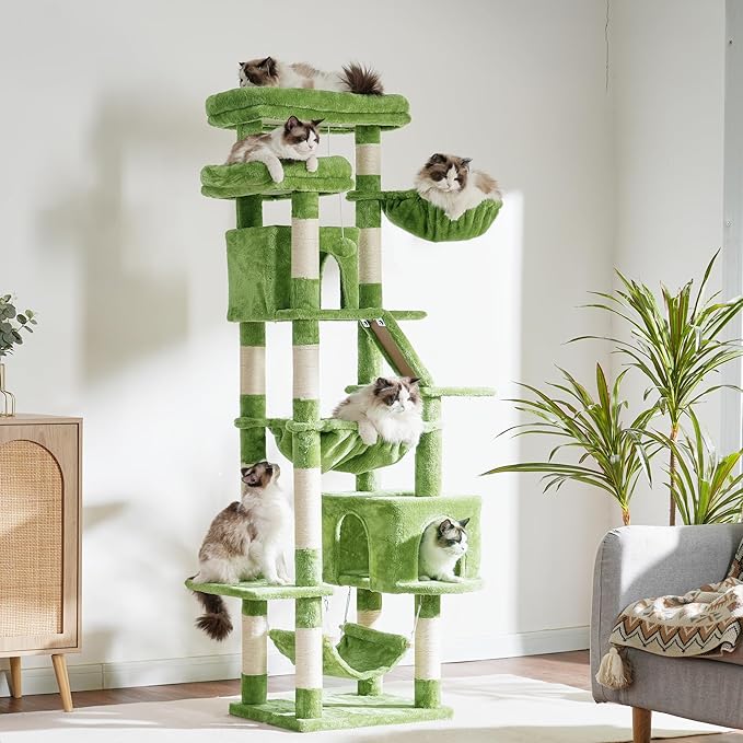 Heybly Cat Tree, 71-Inch Tall Tower for Indoor Cats with 2 Perches, 2 Big Condos, 2 Hammocks, Basket, Scratching Pad, Large Cat Furniture and Condo, Green HCT034GR