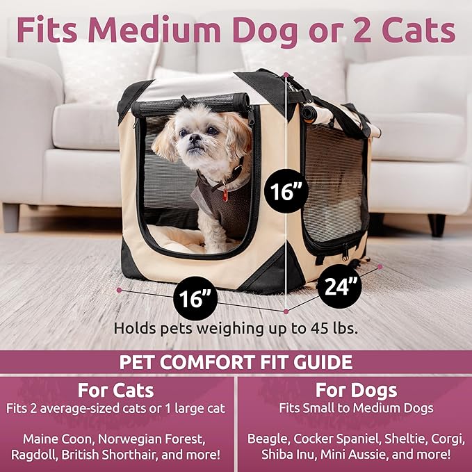 Soft-Sided Cat & Dog Pet Carrier, Large 24"x16"x16", Fits Large Cat, 2 Cats, or Medium Dog Comfortably, Great for Travel & Vet Visits, Privacy Windows, Removable Bed, Locking Zippers, Folds Flat
