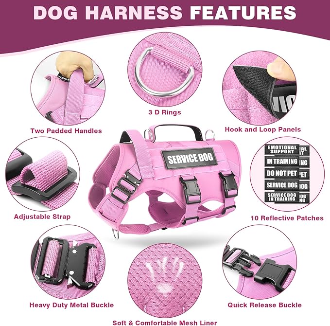 WINSEE Tactical Dog Harness with Dog Leash, Service Working MOLLE Vest with 10 Pet Patches for Dog, No Pull Military Harness and Backpack for Training Hunting Walking