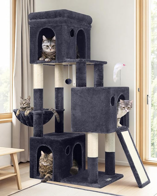 Globlazer Cat Tower for Multiple Indoor Cats, 52 inch Heavy Duty Cat Tree with 3 Condos, Plush Cat Condo with Scratching Posts and Pad for Adult Cats Kitten, Padded Perch, Basket Bed, F52B, Dark Grey