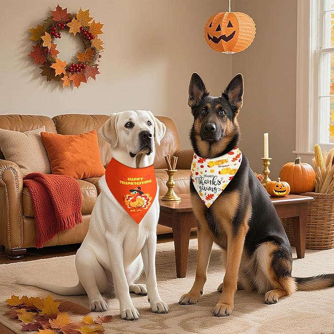 Thanksgiving Dog Bandanas XLarge 2PCS, Triangle Reversible Holiday Scarf for Boy and Girl, Fall Autumn Bibs Accessories