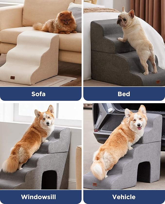 Navy Blue Curved Dog Stairs Ramp for Small Dogs & Cats 17.1" H, 3-Step Dog Steps for Couch Sofa and Chair, Pet Stairs for Cats, Non-Slip Balanced Pet Steps