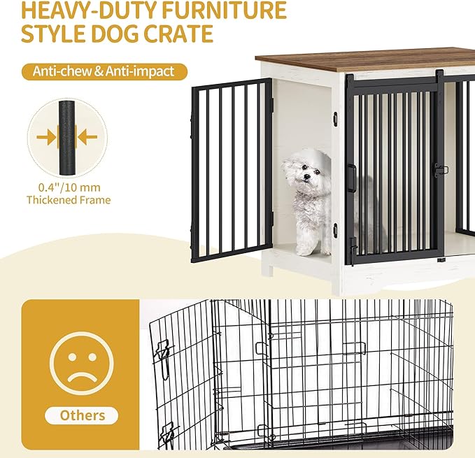 27.2" Dog Crate Furniture with Barn Door, Heavy Duty Dog Kennel Indoor with 2 Doors, Wooden Pet Cage End Table for Small Medium Dogs up to 22 lb, Anti-Chew Anti-Escape, White Brown DFC84314B