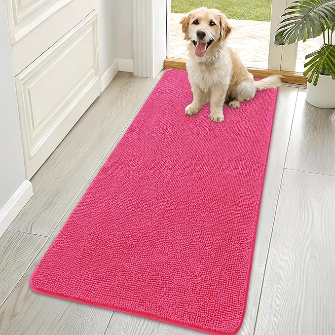 OLANLY Dog Door Mat for Muddy Paws 70x35, Absorbs Moisture and Dirt, Absorbent Non-Slip Washable Doormat, Quick Dry Chenille Mud Mat for Dogs, Entry Indoor Entryway Carpet for Inside Floor, Hot Pink