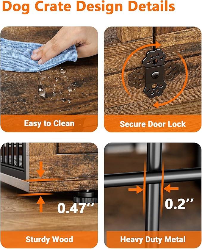 Dog Crate Furniture with Cushion Set of 2, Large Wooden Dog Kennel Indoor with Double Doors, Dog Cage with Wheels, Dog House Side End Table for Large Medium Dogs up to 70 lb, 38.5” L, Rustic Brown