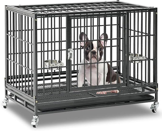 Homey Pet 37 Inch Heavy Duty Dog Crate for Medium Dogs, Stackable Dog Cage with Four Lockable Wheels, Removable Tray & Grid, Open Top, Escape Proof Dog Kennel Indoor