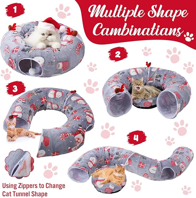 Christmas Cat Tunnel Bed with 8 Cat Toys Fluffy Plush Dog Tunnel Bed with Washable Cushion and Dangling Balls 3FT Multifunctional Playground for Small Medium Large Rabbit(Snowman,Gray)