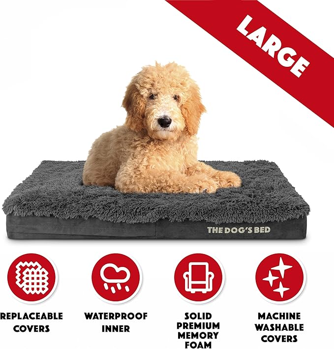 The Dog’s Bed Orthopedic Memory Foam Dog Bed, Large Grey Faux Fur, Pain Relief for Arthritis, Hip & Elbow Dysplasia, Post Surgery, Lameness, Supportive, Calming, Waterproof Cover