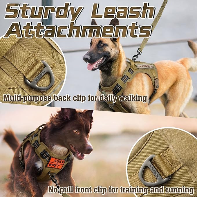 rabbitgoo Tactical Dog Harness for Large Dogs, No Pull Military Service Vest with Handle & Molle, Easy Control for Training Walking, Adjustable Reflective Straps, Brown, XL