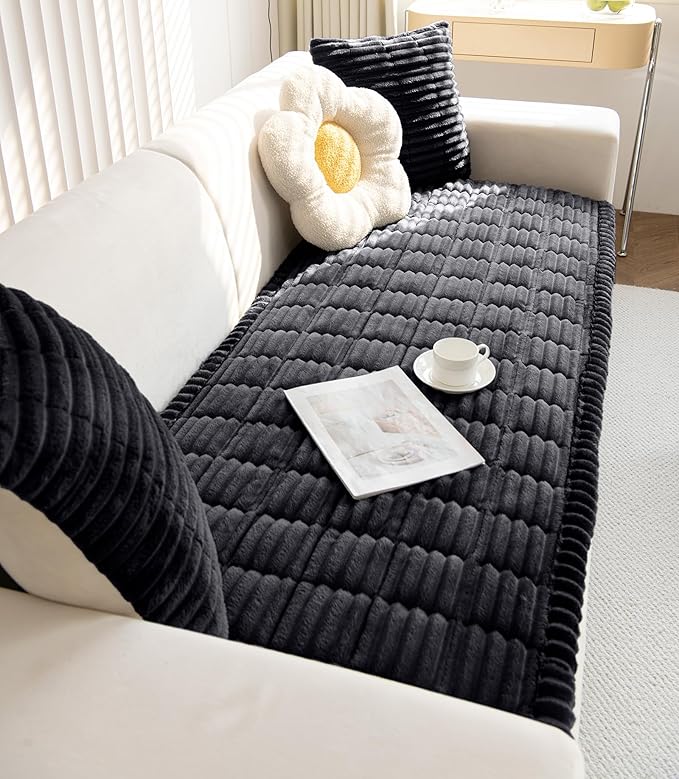 Faux Fur Plush Dog Couch Cover 3D Stripe Fuzzy Sofa Cover Non-Slip Fluffy Dog Bed Cover Pet Blanket Sofa Couch Furniture Protector for Puppy Large Dog Cat (Black,35"x70")