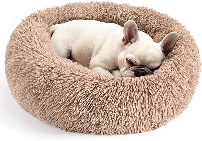 28in Large Dog Bed, Medium Size Dog and Cats, Calming Donut Bed for Puppy and Kitten, Washable Round Fluffy Pet Bed (Camel)