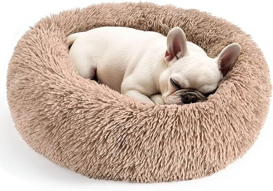 28in Large Dog Bed, Medium Size Dog and Cats, Calming Donut Bed for Puppy and Kitten, Washable Round Fluffy Pet Bed (Camel)