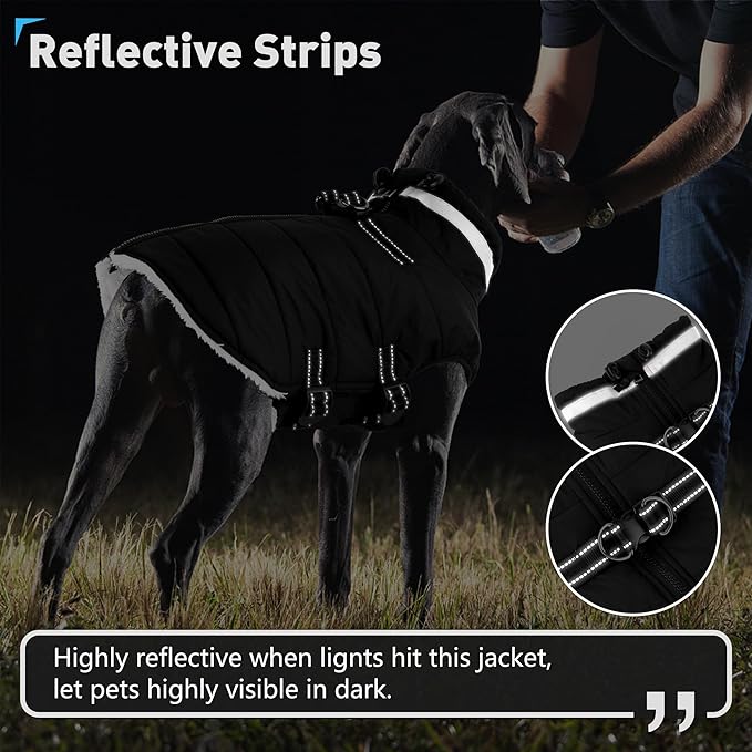Dogcheer Dog Coat, Waterproof Dog Jacket with Harness, Reflective Adjustable Winter Coat with Zipper, Christmas Pet Snow Jacket Clothes for Small Medium Large Dogs - Black XS