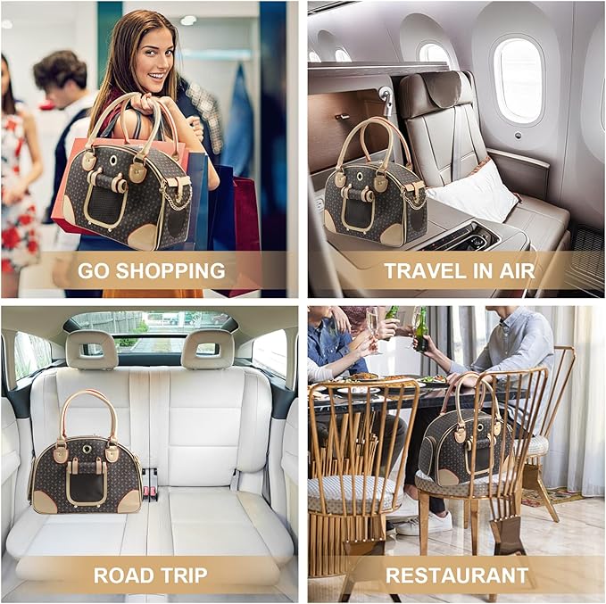 Fashion Dog Carrier PU Leather Dog Handbag Dog Purse Cat Tote Bag Pet Cat Dog Hiking Bag, Brown, Large 42 * 29 * 18cm