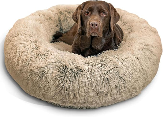 Best Friends by Sheri Original Calming Donut Dog and Cat Bed, Shag Faux Fur, Taupe, (36in x 36in) - Anxiety Relief for Pets Up to 100 lbs