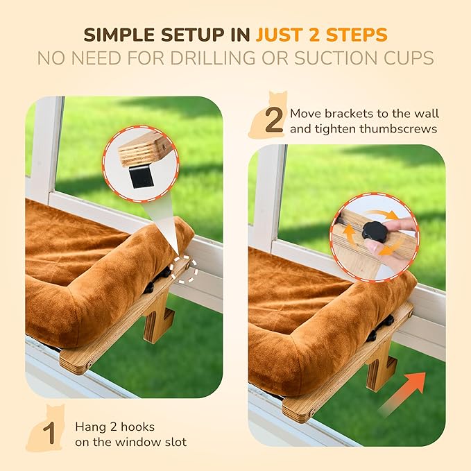 45LBS Capacity Cat Window Perch with Bolster, Hammock Seat with Premium Plywood & Metal Frame, Cat Window Bed for Indoor Cats & Kittens, Extra Cood Pad (Natural Wood & Brown Cushion, 24.8''W x 9.4''H)
