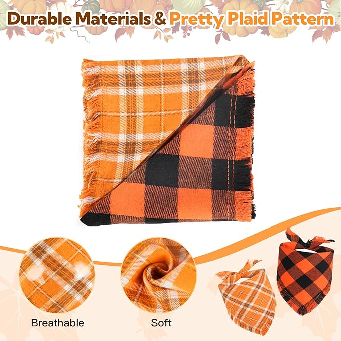 Kytely Fall Thanksgiving Dog Bandanas Large, 2Pack Christmas Halloween Classic Plaid Pet Scarf with Tassels Edges for Boy and Girl, Pet Apparel & Accessories Costume for Puppy Pets