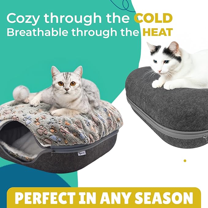 RINGTAIL Peekaboo Cat Cave - Cat Caves for Indoor Cats, Cat Donut Tunnel Bed, Kitten Beds Felt, Cat Bed Cave Large with Two Fluffy Fleece Cushion, Nest Cove Scratch-Resistant Detachable & Washable