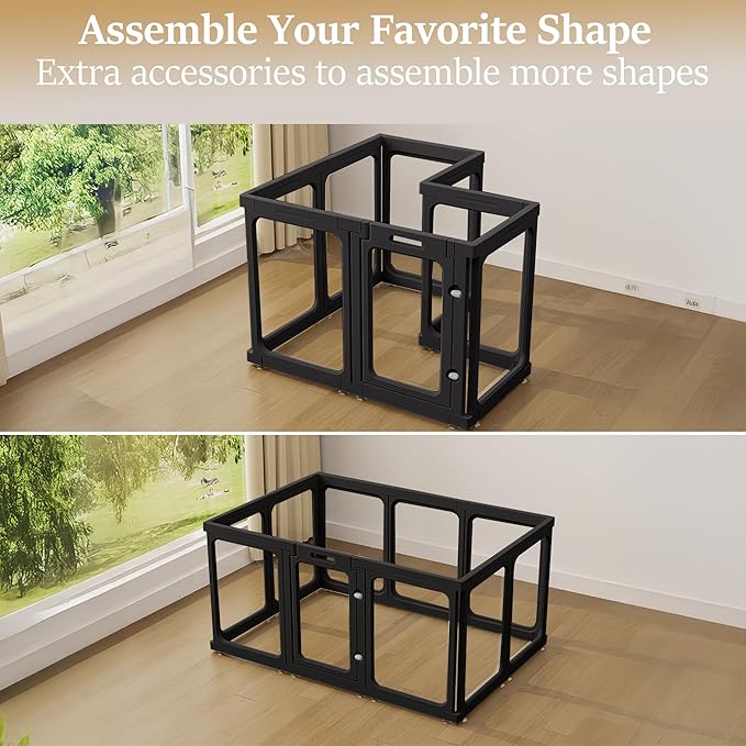 Clear Acrylic Dog Playpen with Door, for Puppy Rabbit Transparent Pet Pen, Black Dog Playpen Indoor, Dog Fence, Easy Assemble & Cleaning Dog Pen for Small & Medium Dogs (23.6“ Height, 10PCS)