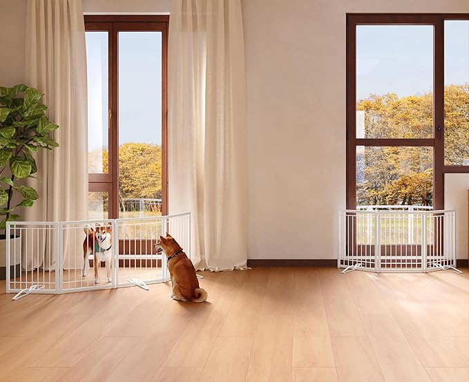 4NM Metal No Drilling Expandable Puppy Dog Gate, Wide 72", Tall 24" Small Free Standing Pet Gate, Doggie Gates for Dogs Outdoor or Indoor, with 3PCS Support - White