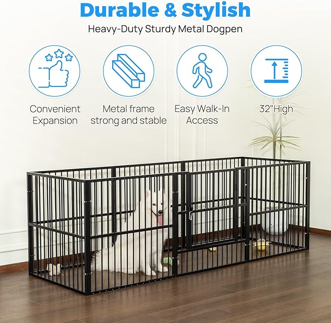 Dog Playpen - 32" Height Dog Pen, Heavy Duty Puppy Pen with Door, Safe & Sturdy, Easy Assemble for Indoor/Outdoor Pet Playpen (10 Panels with Door, Black)