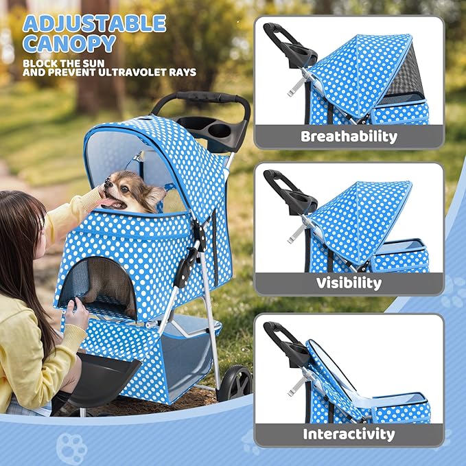 Magshion 3-Wheel Pet Stroller, Foldable Travel Jogger for Small & Medium Dogs & Cats (Up to 33lbs), Lightweight Carrier with Breathable Mesh Cover, Cup Holder & Storage Basket, Sky Blue Polka Dots