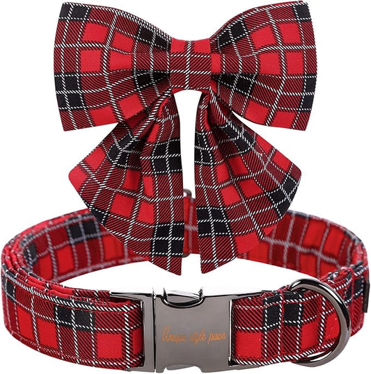 Unique style paws Christmas Dog Collar with Tie Red Black Grid Cotton Collar Adjustable Puppy Plaid Collar for Small Medium Large Dogs-XS