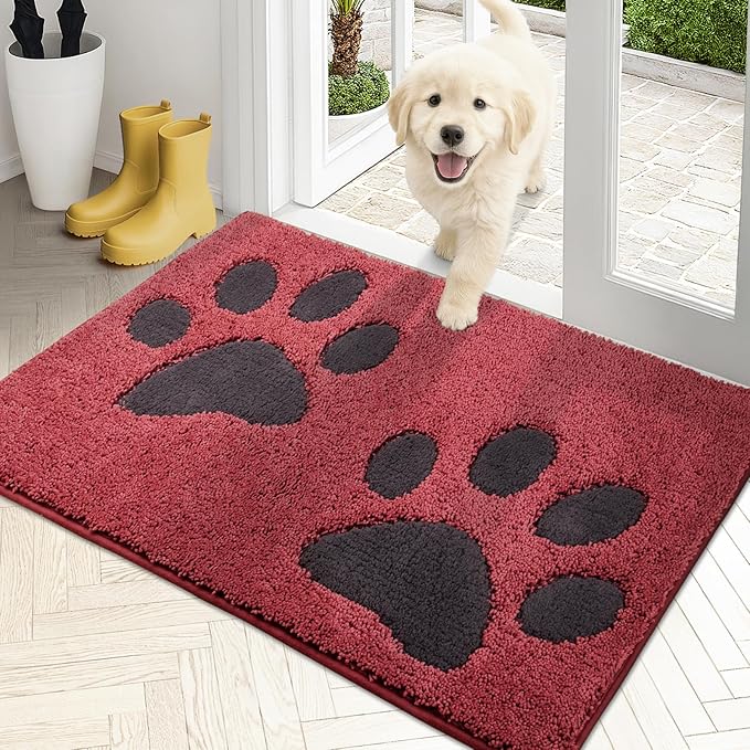 PURRUGS Dirt Trapping Door Mat 20" x 31.5", Non-Skid/Slip Machine Washable Microfiber Entryway Rug, Dog Doormat, Super Absorbent Welcome Mat for Muddy Wet Shoes and Paws, Burgundy Red