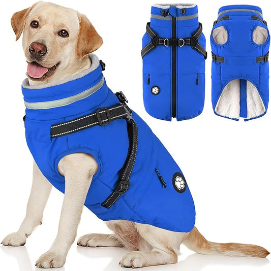 Dogcheer Dog Coat, Waterproof Dog Winter Jacket with Harness, Reflective Adjustable Doggy Cold Weather Coats, Christmas Pet Fleece Snowsuit for Small Medium Large Dogs - Blue, 3XL