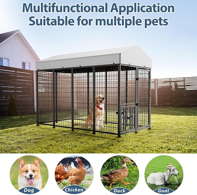 ROOMTEC Heavy Duty Outdoor Dog Kennel with Rotating Bowls, 8 x 4 x 5.6-ft