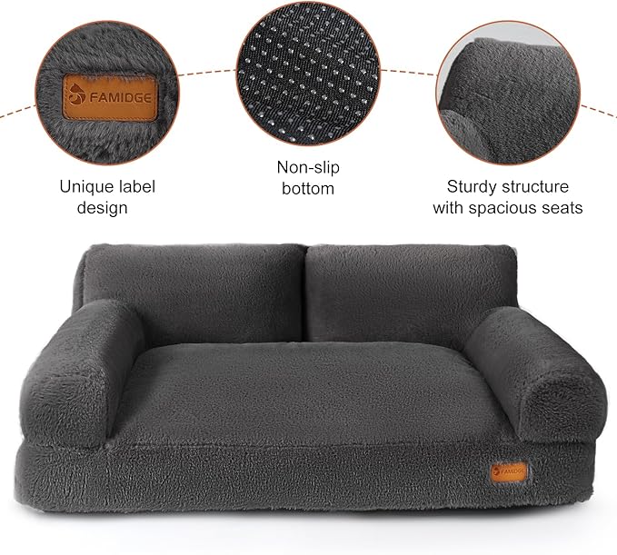 Dog Couch Bed, Cat Bed for Indoor Cats, Calming Pet Sofa Puppy Sleeping Bed with Removable Washable Cover, Cute Dog Couch and Lounge Chair for 45lbs Cats & Small Medium Dogs(Dark Gray)