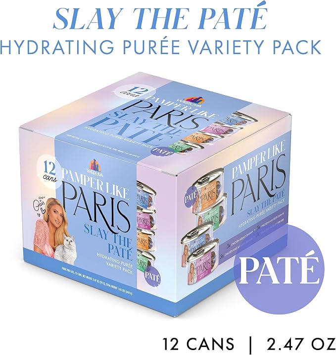 Weruva Paris Hilton Pamper Like Paris Natural Grain Free Wet Cat Food, Slay The Paté Variety Pack, 2.47oz Can (Pack of 12)