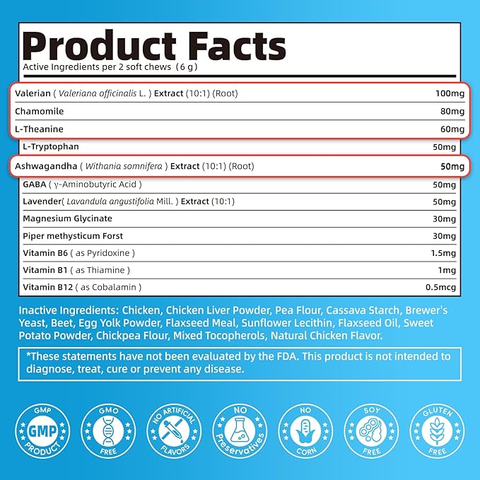 Calming Chews for Dogs – Calming Treats for Anxiety, Stress, Separation, Travel & Thunder, Non-Drowsy Alternative to Melatonin, Calm & Focus with Chamomile & Ashwagandha, Chicken Flavor, 90Ct