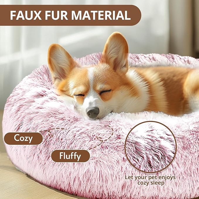 JOLLYVOGUE Medium Calming Dog Bed, Anti-Anxiety Donut Cuddler Cat Bed with Anti-Slip Bottom, Fluffy Faux Fur Machine Washable Pet Cushion for Medium Dog & Cat, 27"/Smoke Pink