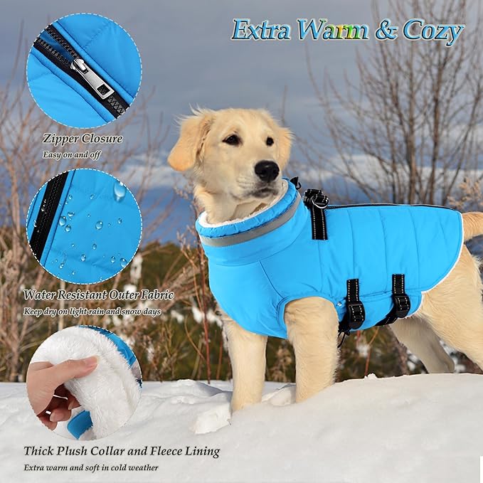 Dogcheer Dog Coat with Harness, Waterproof Dog Jacket Adjustable Pet Winter Coat with Zipper, Christmas Puppy Snow Jacket Fleece Sweater for Small Medium Large Dogs - Sky Blue L