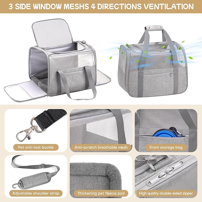 Cat Carrier Soft-Sided for Large Cats, Dog Carriers for Small Dogs, Airline Approved Pet Travel Carrier for Cats Puppies up to 16Lbs with Safety Zippers Foldable Bowl, 18x12.5x14.2, Grey