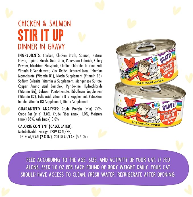 Weruva B.F.F. OMG - Best Feline Friend Oh My Gravy!, Chicken & Salmon Stir It Up with Chicken & Salmon in Gravy, 2.8oz Can (Pack of 12)