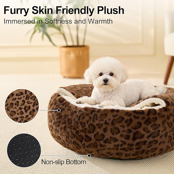 Calming Dog Beds & Cat Cave Bed with Hooded Cover,Removable Washable Round Beds for Small Medium Pets,Anti-Slip Faux Fur Fluffy Coved Bed for Improved Sleep,Fits up to 15/25 lbs(Leopard Print,M)