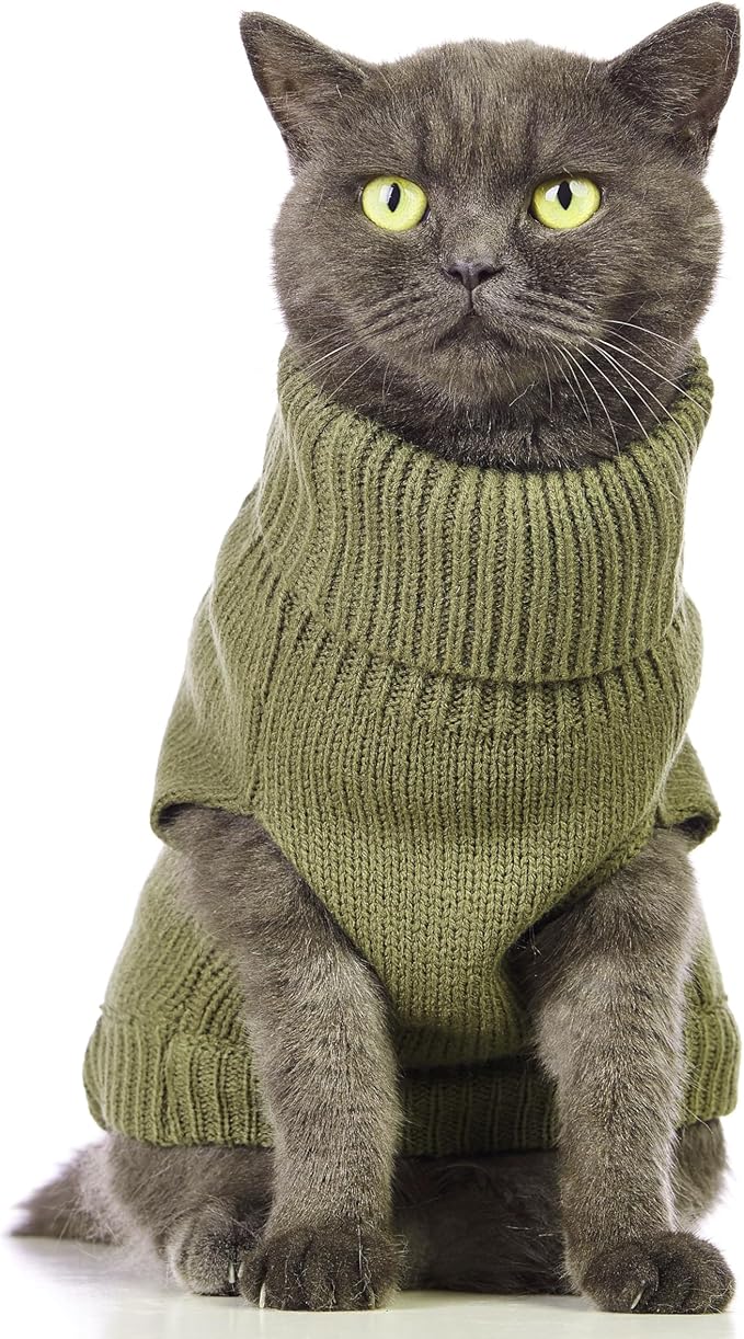 Stretchy Cat Sweater - 17 Colors & 6 Sizes | Snug Winter-Ready Knit for Boy/Girl Cats & Kittens(Olive Green, Large)