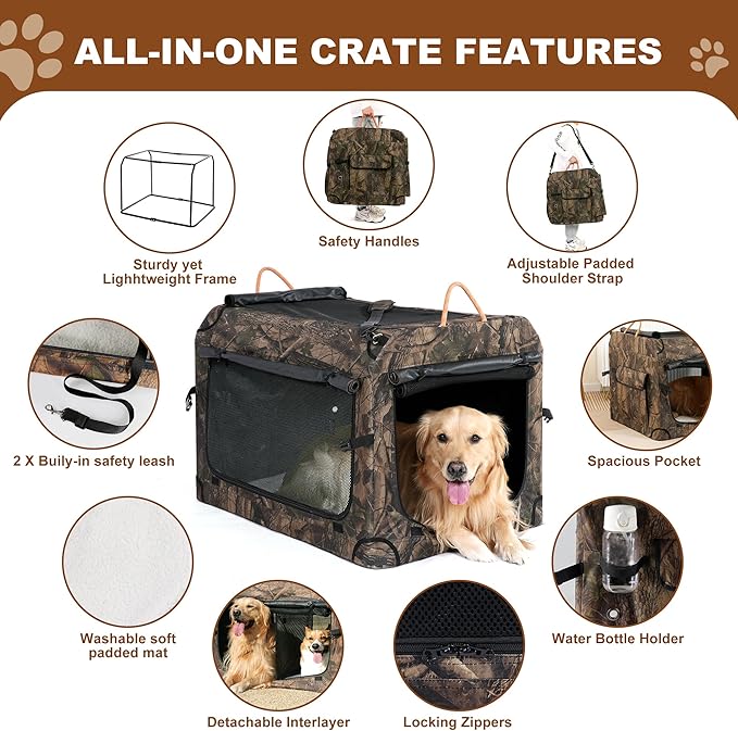 KOOPRO 27.5 Inch Collapsible Dog Crate, Portable Soft-Sided Dog Travel Carrier Camouflage Style Pet Kennel 4-Door with Durable Mesh Windows, Washable Mat, Indoor & Outdoor for Small Medium Large Dogs