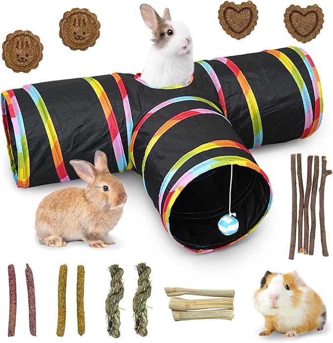 BNOSDM Bunny Tunnels, Collapsible 3 Way Rabbits Tunnel and Tubes with Chew Toys, Small Animals Hideout for Indoor Rabbit Bunny Guinea Pigs Ferret Kitten