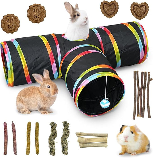 BNOSDM Bunny Tunnels, Collapsible 3 Way Rabbits Tunnel and Tubes with Chew Toys, Small Animals Hideout for Indoor Rabbit Bunny Guinea Pigs Ferret Kitten