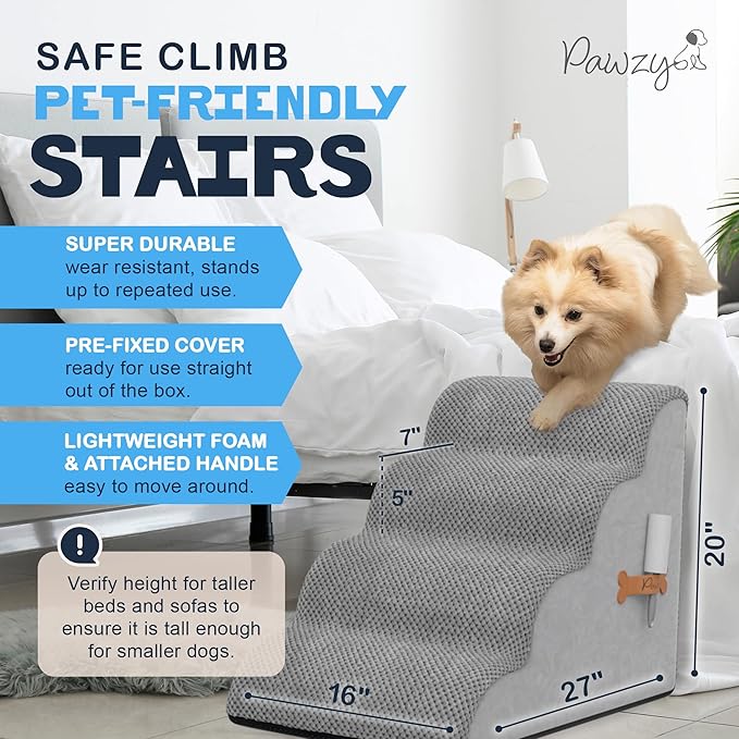 PAWZY Foam Pet Stairs for Small Dogs & Cats – 4-Step Dog Ramp 20” High, Wide Non-Slip Steps for Bed & Couch – Washable Pre-Fitted Cover (no Assembly Required), Waterproof Base – Grey