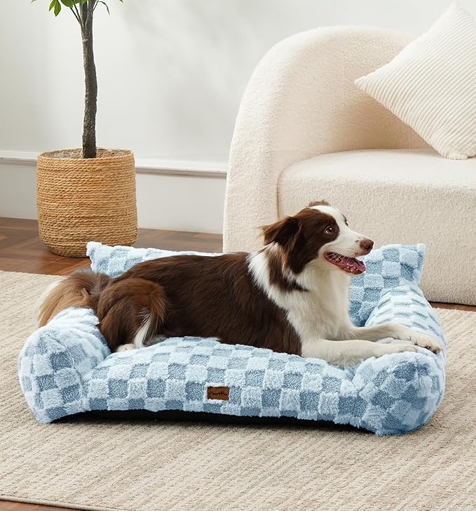 MADE 4 PETS Cat and Dog Indoor Couch Bed, Soft Faux Fur Checkered Pet Sofa, Cozy Fluffy Pet Sofa with Supportive Foam, Removable Washable Cover with Non-Slip Base, Blue, Medium