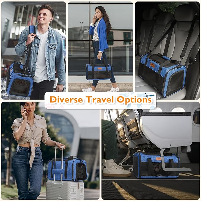 PETUX TSA Approved Pet Carrier in Cabin, 17"x11"x9.5" Soft Cat Carriers for Small Cat up to 12 lb, Top-Open Portable and Breathable Pet Carrier Airline Approved for Travel and Vet Visit, Blue
