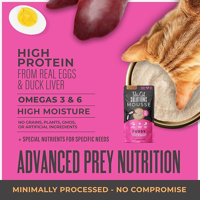 Tiki Cat Solutions Mousse Multipack Wet Cat Food, Fussy, Duck Liver & Egg, 2.4 oz. Pouch (12 Count)